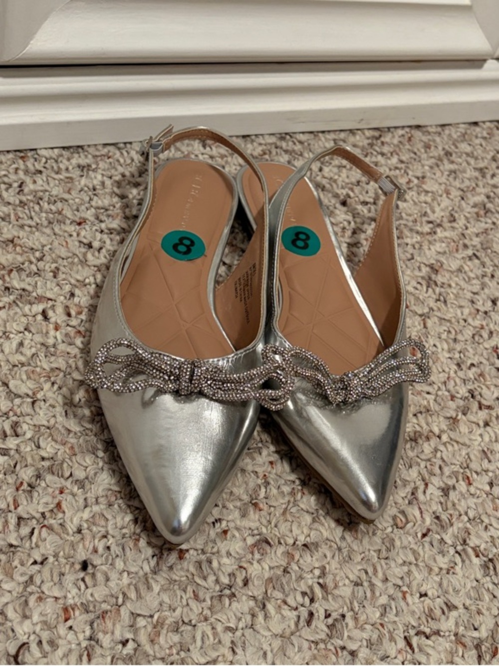Silver Pointed Toe Slingback Flats with Rhinestone Bow